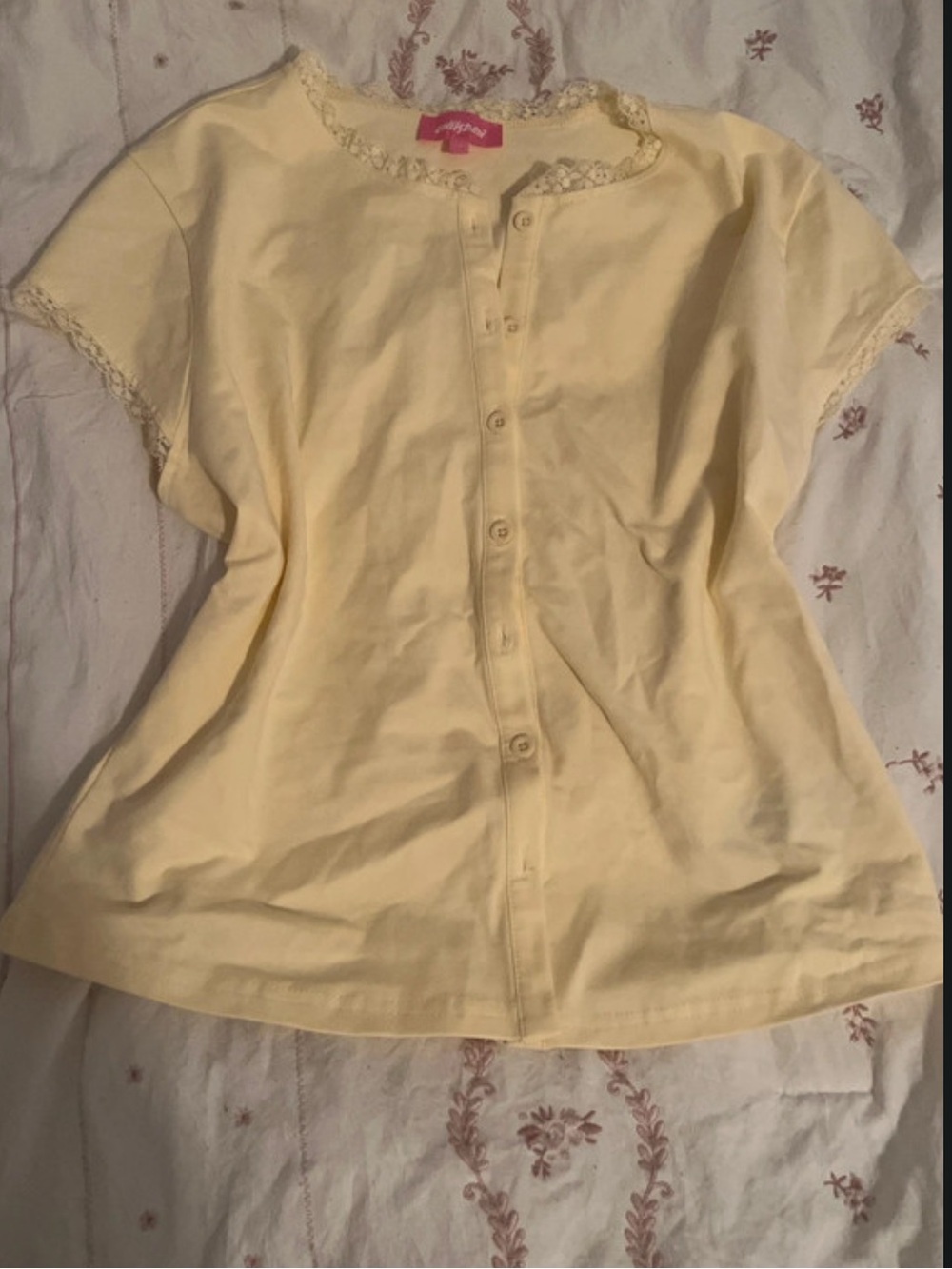 Edikted Pale Yellow Lace-Trim Button Down Top